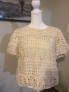 Adrianna Papell Cream Crochet Floral Short Sleeve Blouse